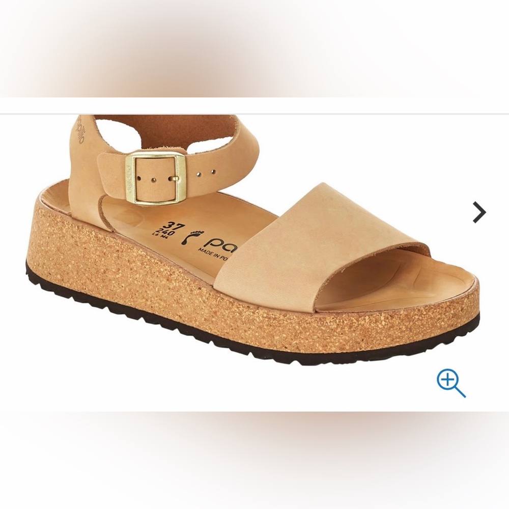 Birkenstock Tan Cork Platform Sandals with Gold Buckle
